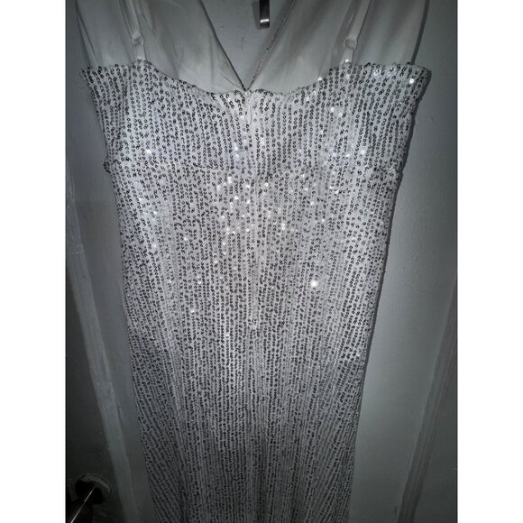 Sequin Maxi Dress Silver White Spaghetti Straps Formal Gown Sexy Bodycon Large - Picture 7 of 9
